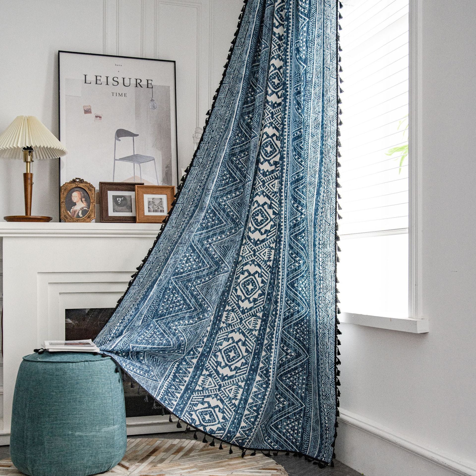 Boho Printed Blue Curtain with Tassels