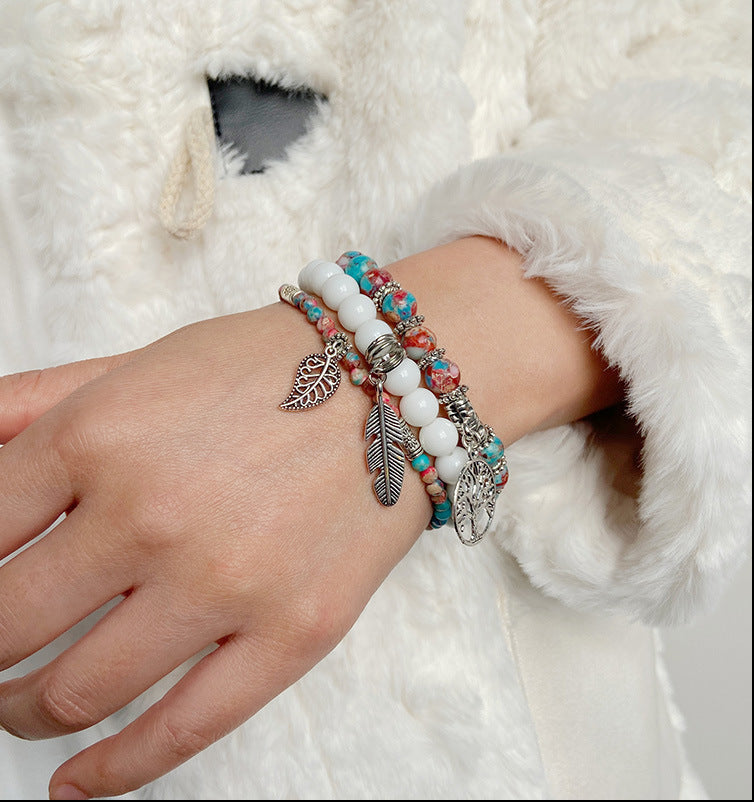 3 Pcs Tree Of Life and Feather Pendant Bead Bracelets