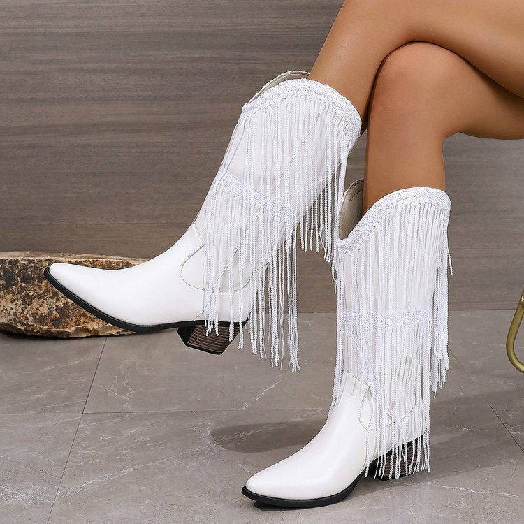 white Metallic Fringed Cowboy Boots for Women
