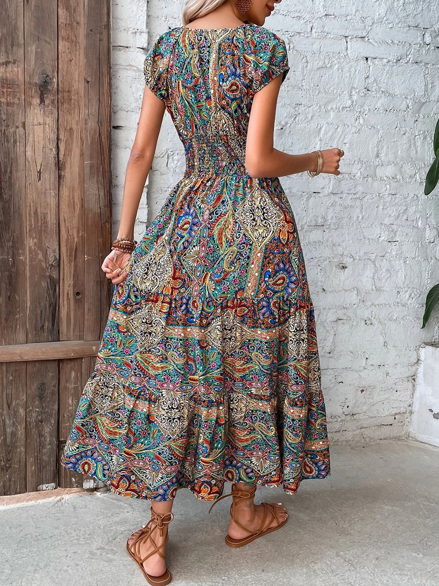 green Bohemian Short Sleeve Dress