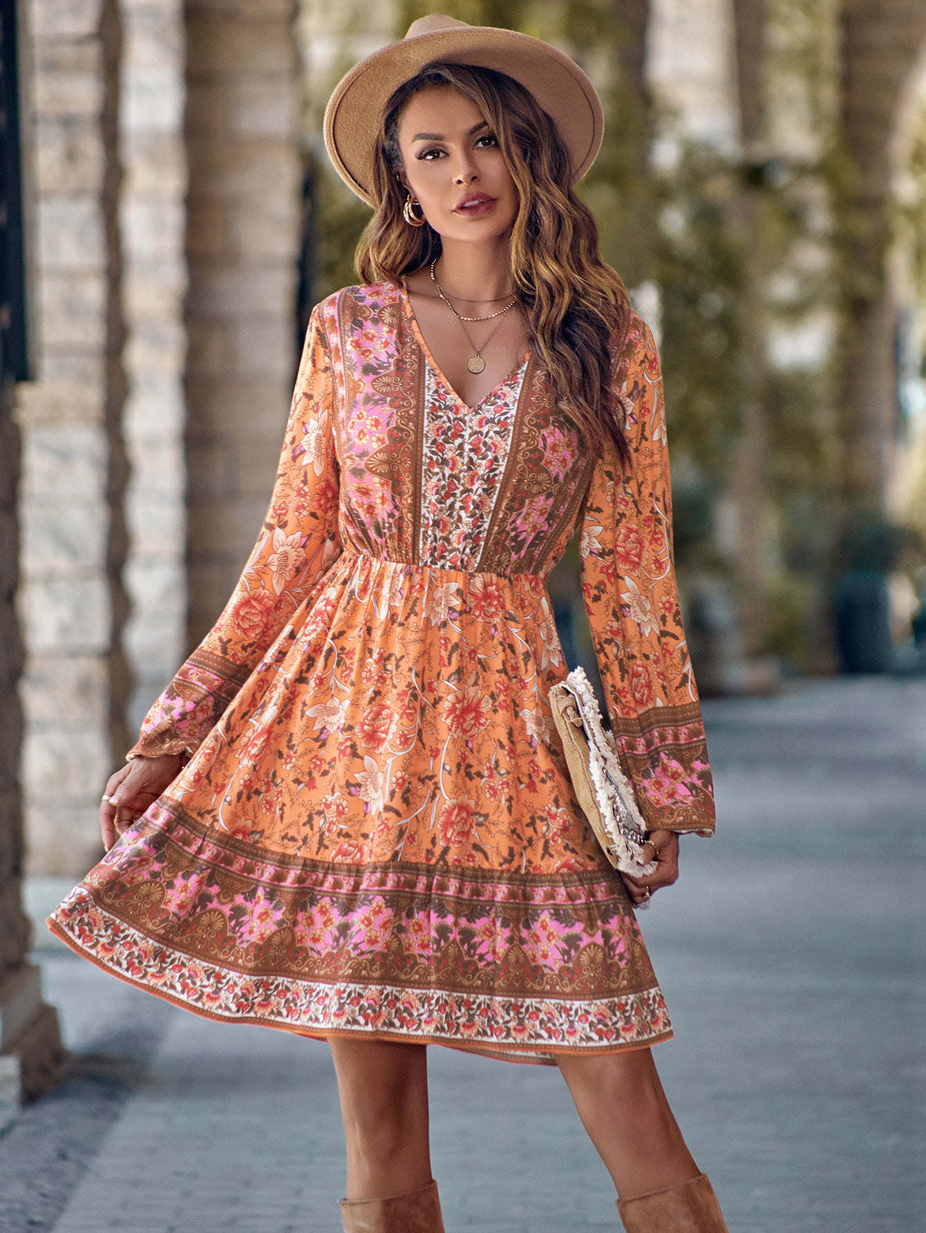 Boho Printed V-Neck Long Sleeve Dress Mini Women