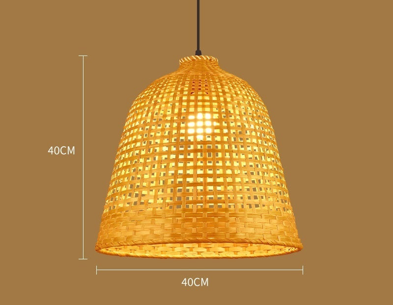 Woven pendant light with dimensions and features on a brown background