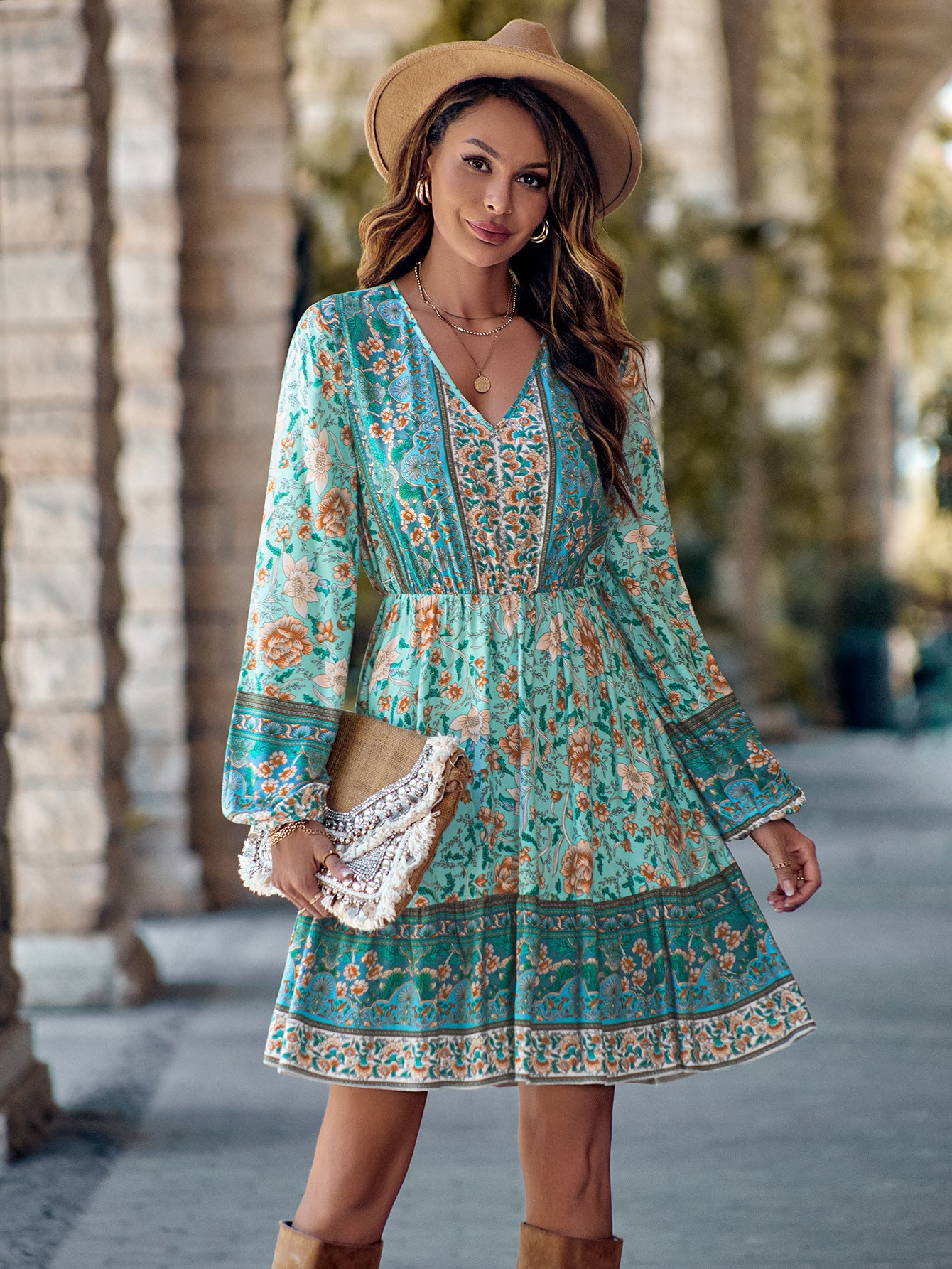 Boho Printed V-Neck Long Sleeve Dress Mini Women