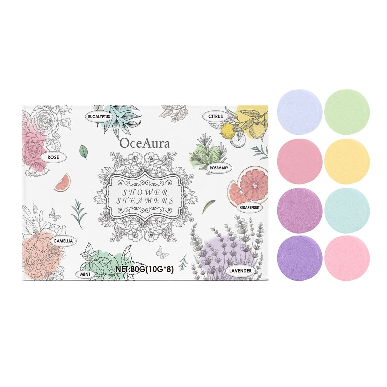 OceAura shower steamers packaging with colorful round steamers on a white background