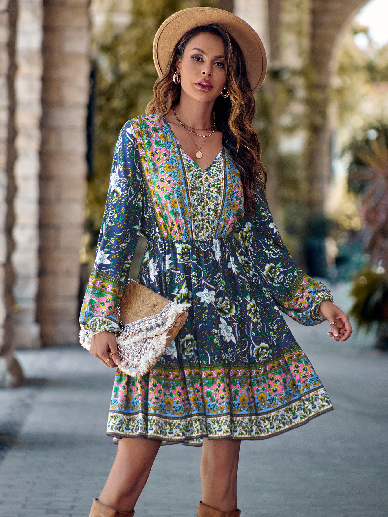 Boho Printed V-Neck Long Sleeve Dress Mini Women