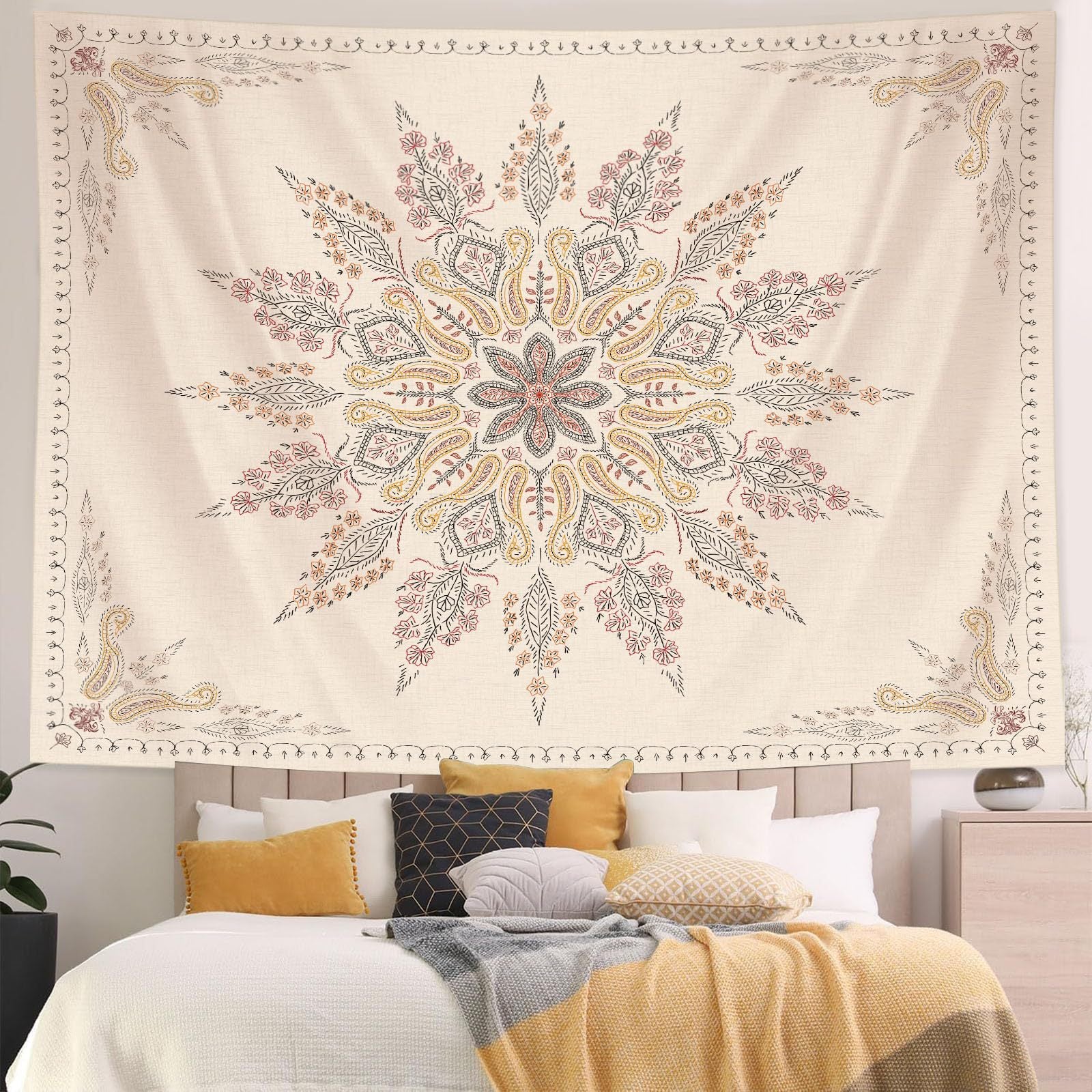 Beige Floral Wall Tapestry