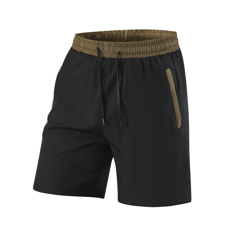 Black shorts with a brown waistband on a white background