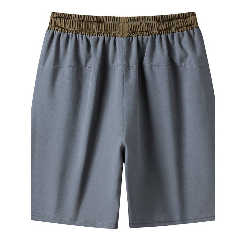 Gray shorts with a brown waistband on a white background