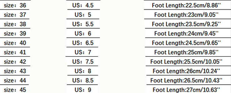 Size chart for shoes with measurements in various units including EU, US, CN, and foot length.