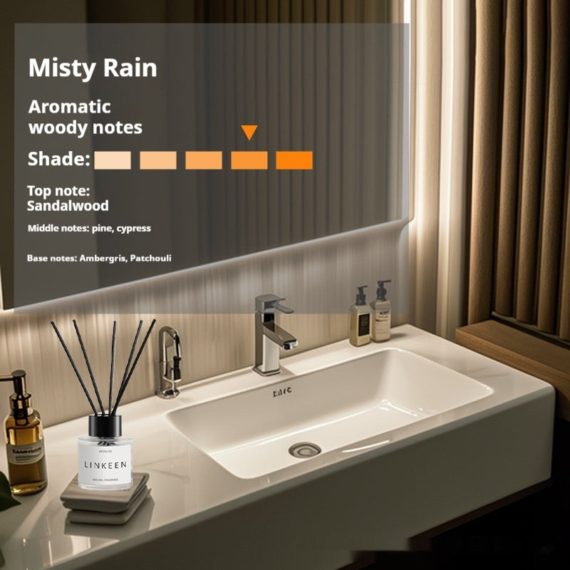 Bathroom sink with Linkeen diffuser and products, featuring 'Misty Rain' fragrance description.