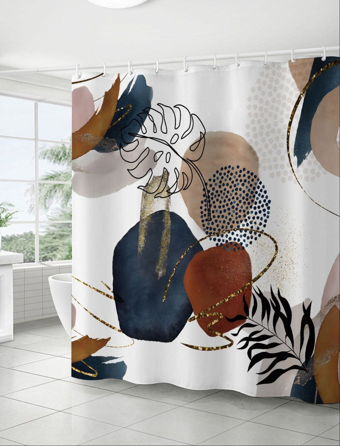 Bathroom with a colorful abstract-patterned shower curtain.