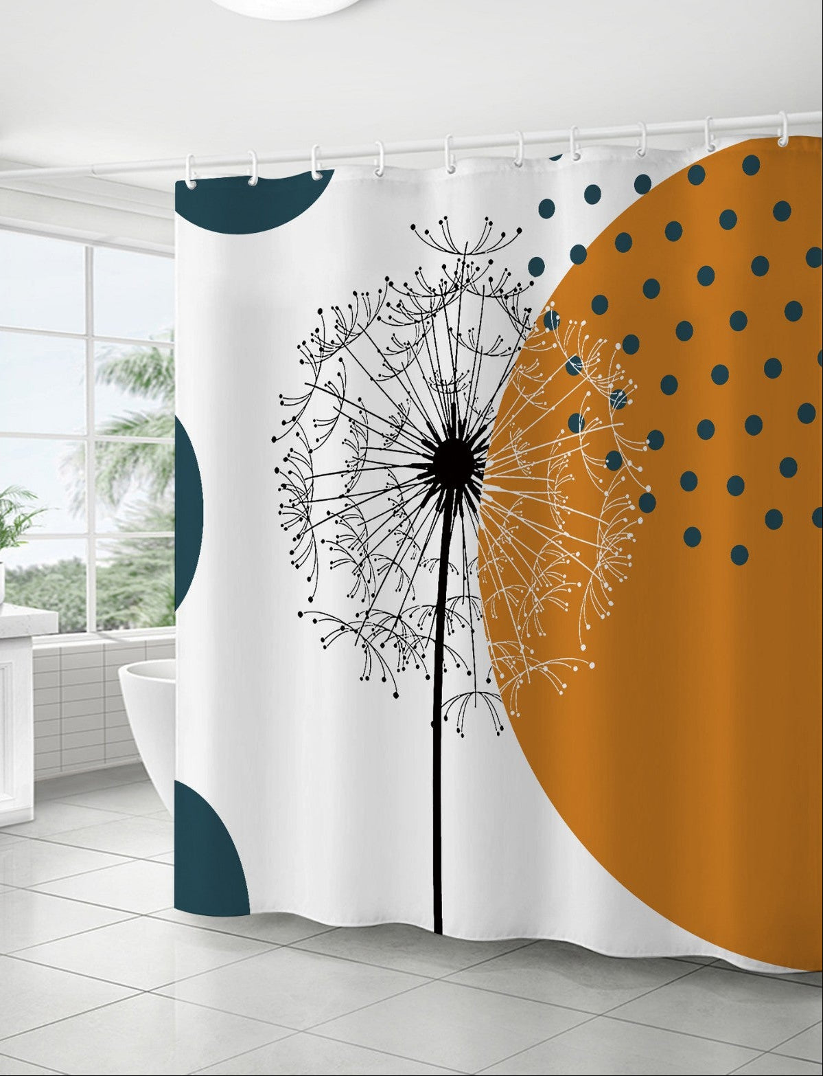 Bathroom with a shower curtain featuring a dandelion design.