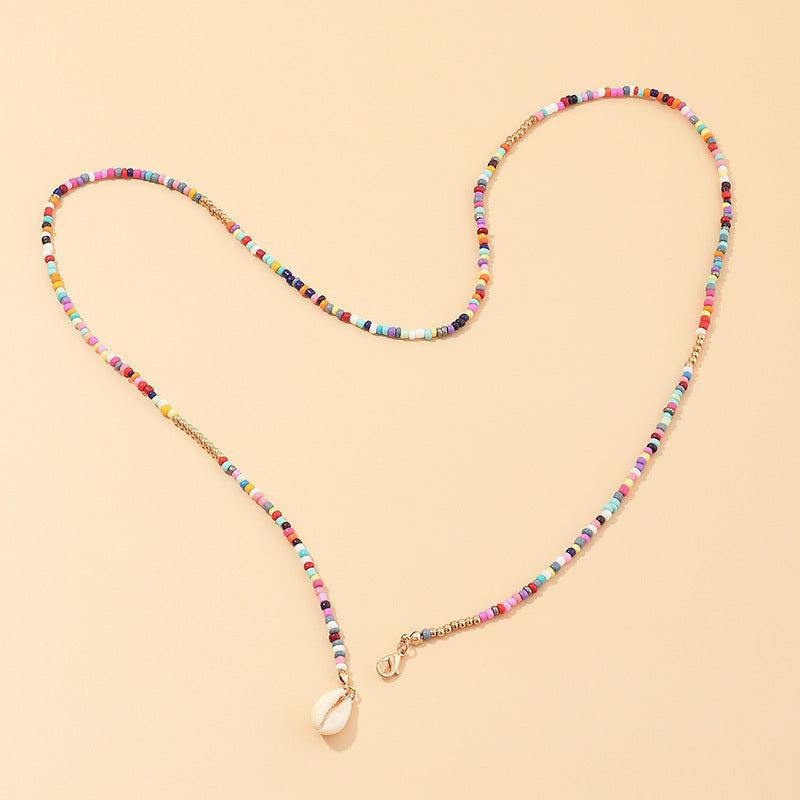 Colorful Bead Necklace with Seashell Pendant