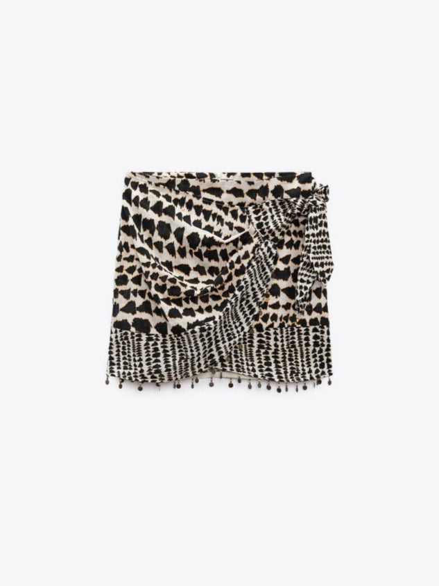 Beaded Printed Mini Skirt Boho Style in Black and Beige