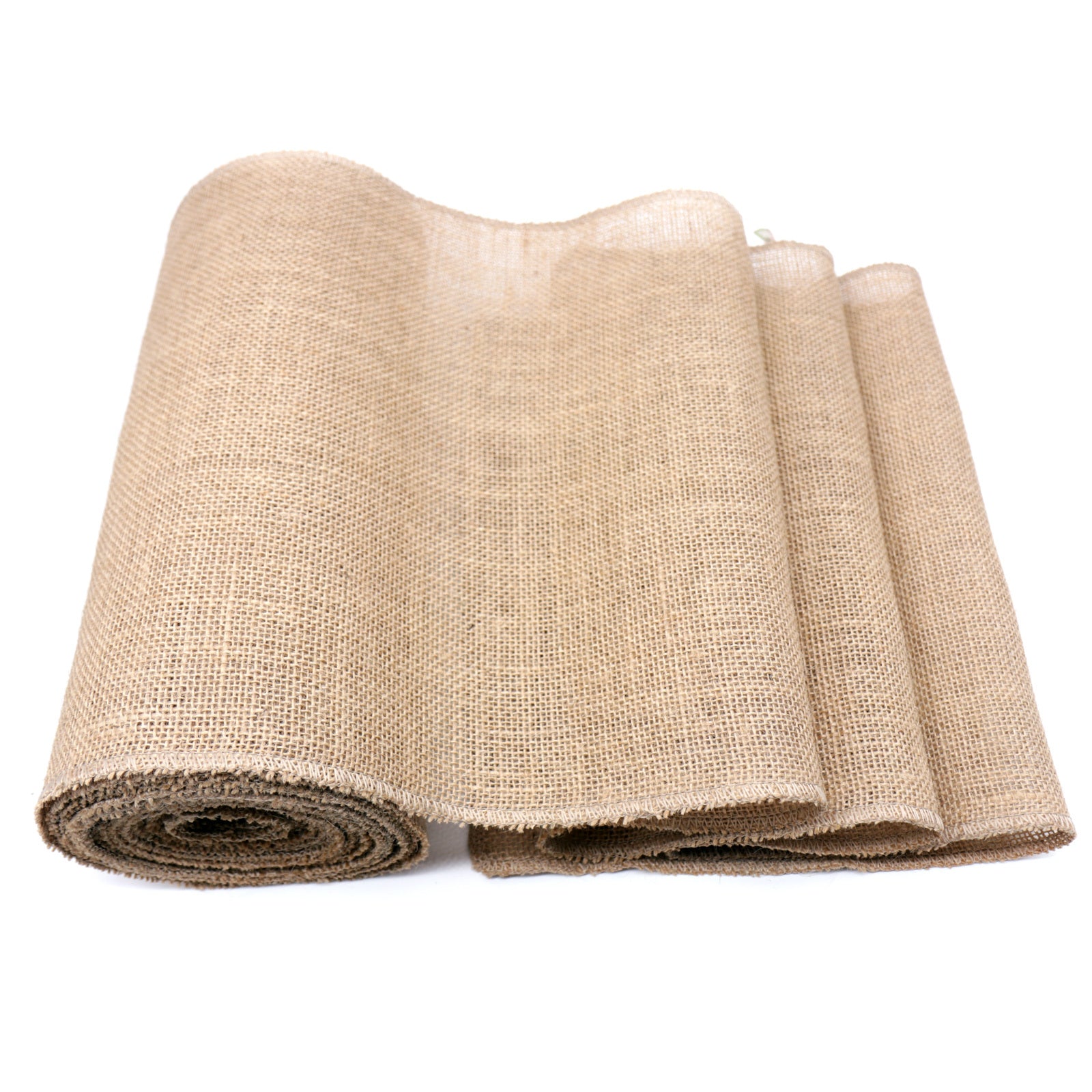 Roll of beige burlap fabric on a white background