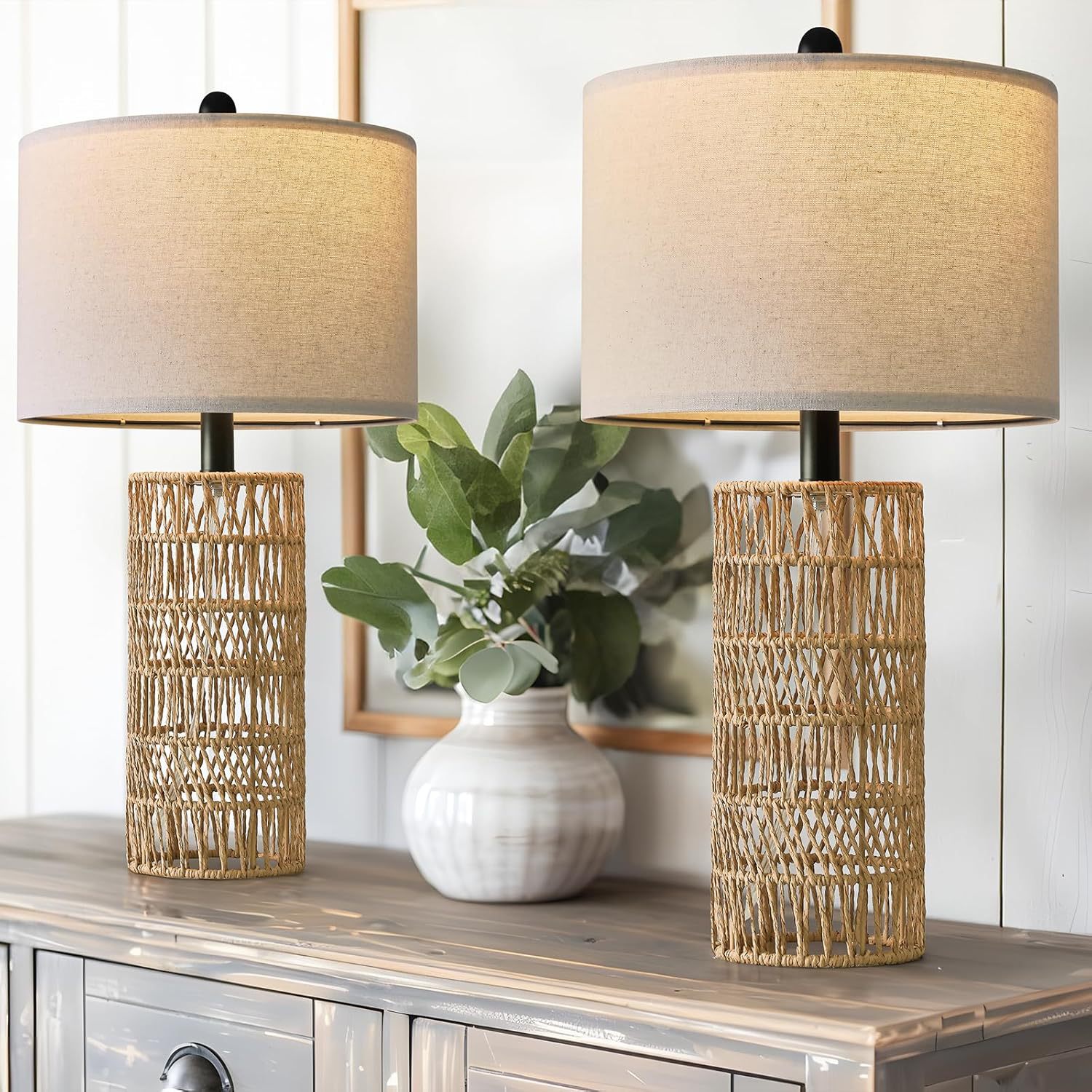 Beige Boho Rattan Table Lamps