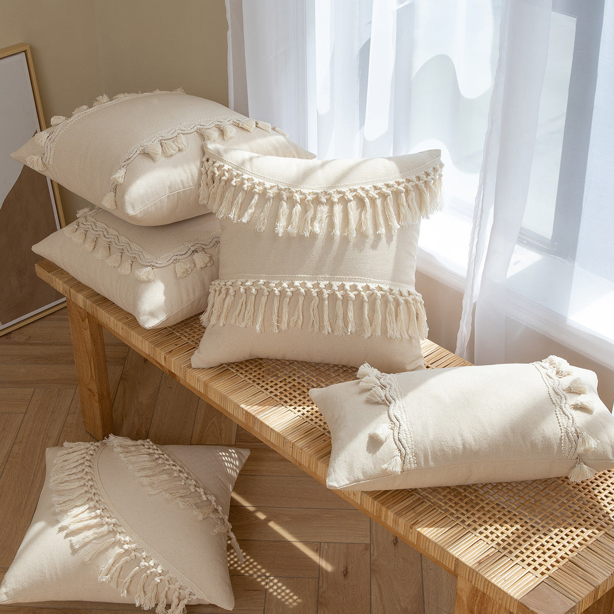 Beige Fringe Tassel Cushion Covers