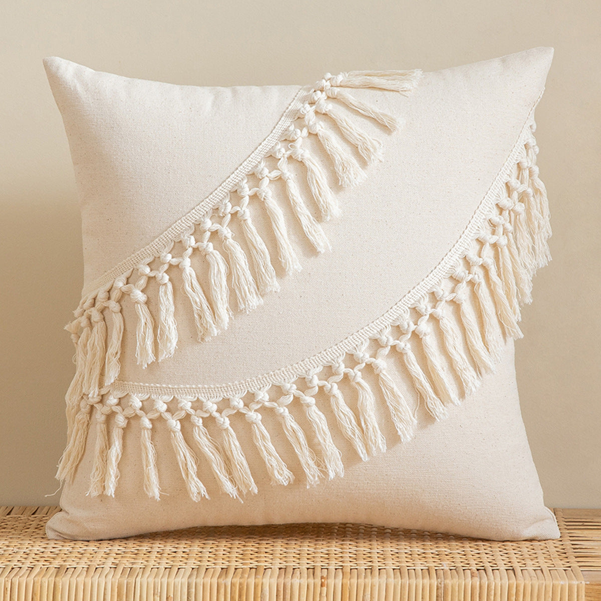 white Beige Fringe Tassel Cushion Covers