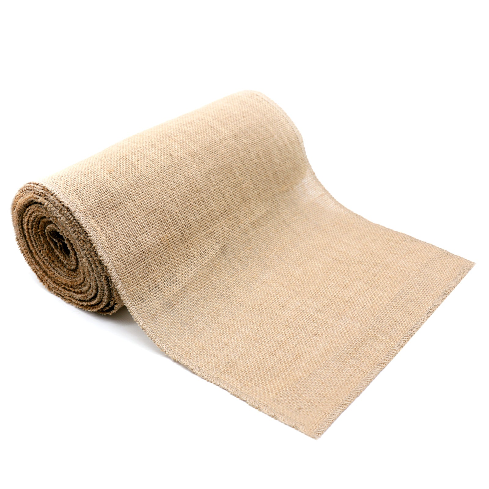 Rolled-up beige burlap fabric on a white background