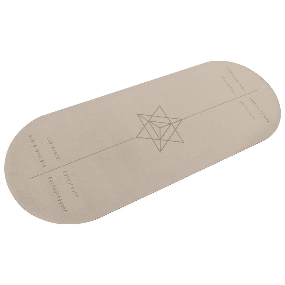 Beige eyeglass case with geometric design on a white background
