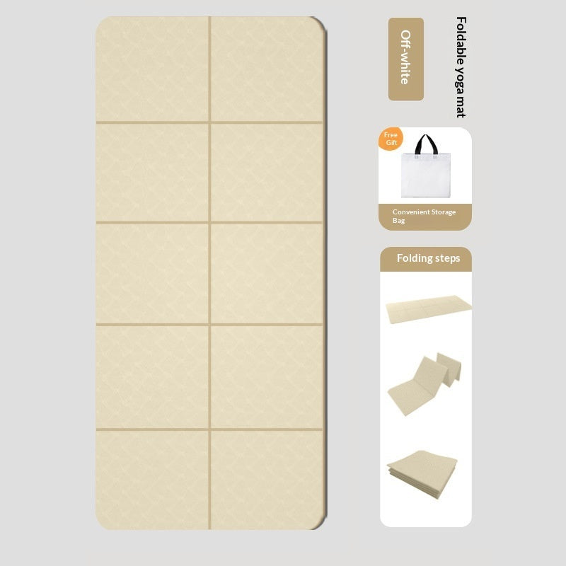Beige folding yoga mat with packaging on a light gray background