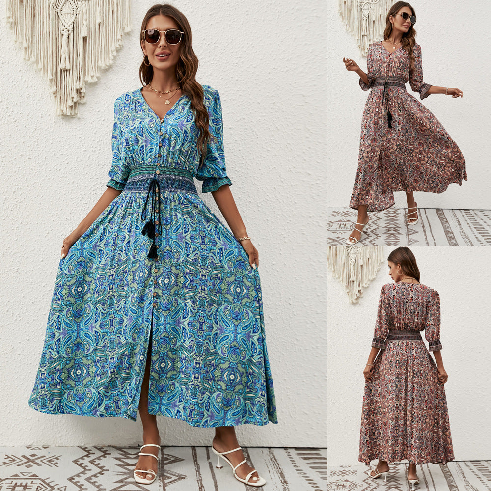 Belt Waist Bohemian Summer Maxi Dress