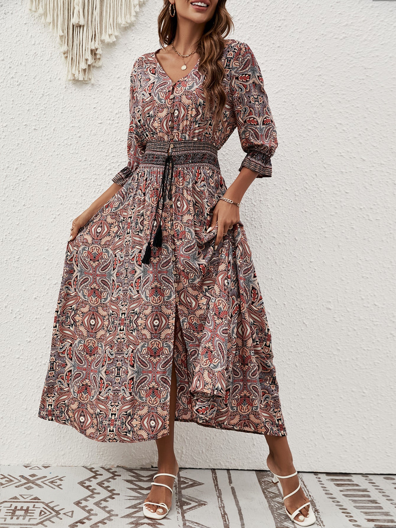 brown Belt Waist Bohemian Summer Maxi Dress