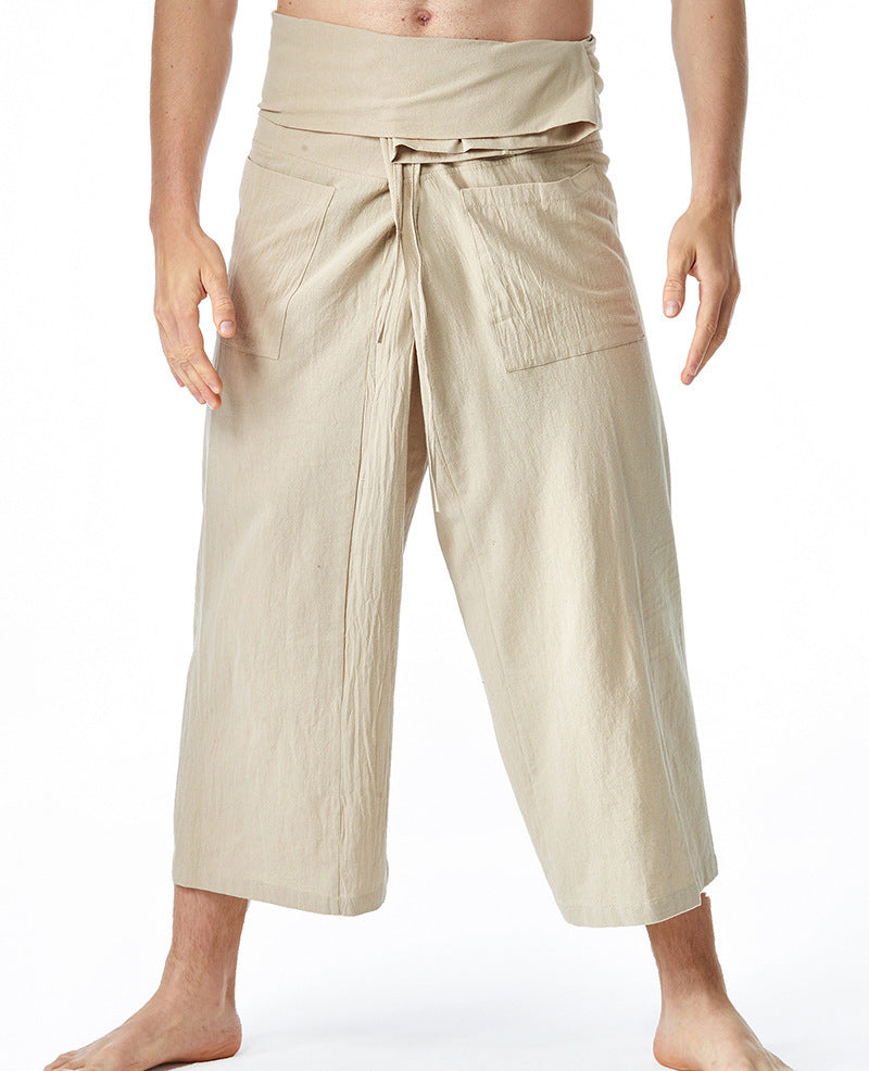 beige Belted Hippie Men's Wide Leg Linen Pants
