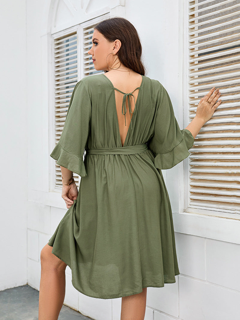 Green Belted Plus Size Mini Dress