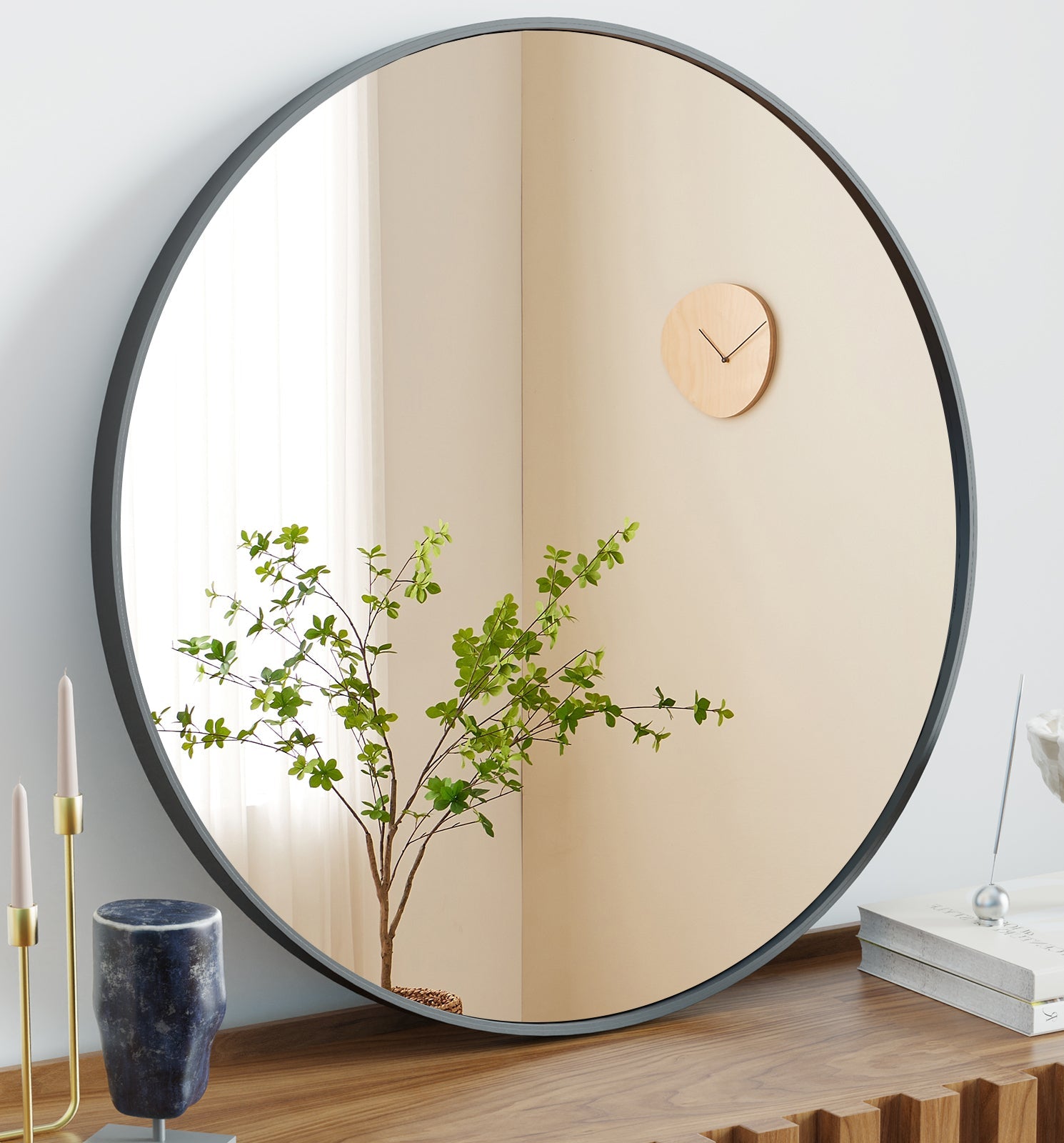 Black Minimal Round Wall Mirror