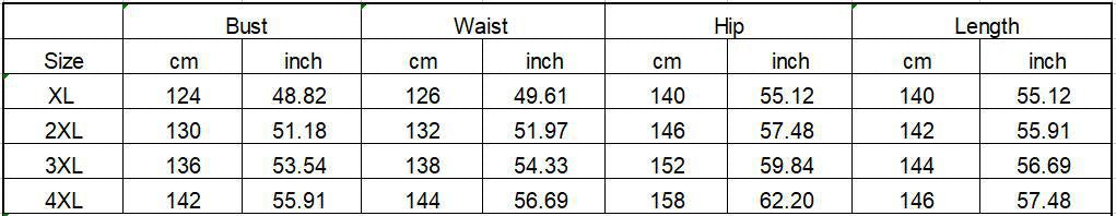 Measurement chart for clothing sizes with bust, waist, hip, and length dimensions.