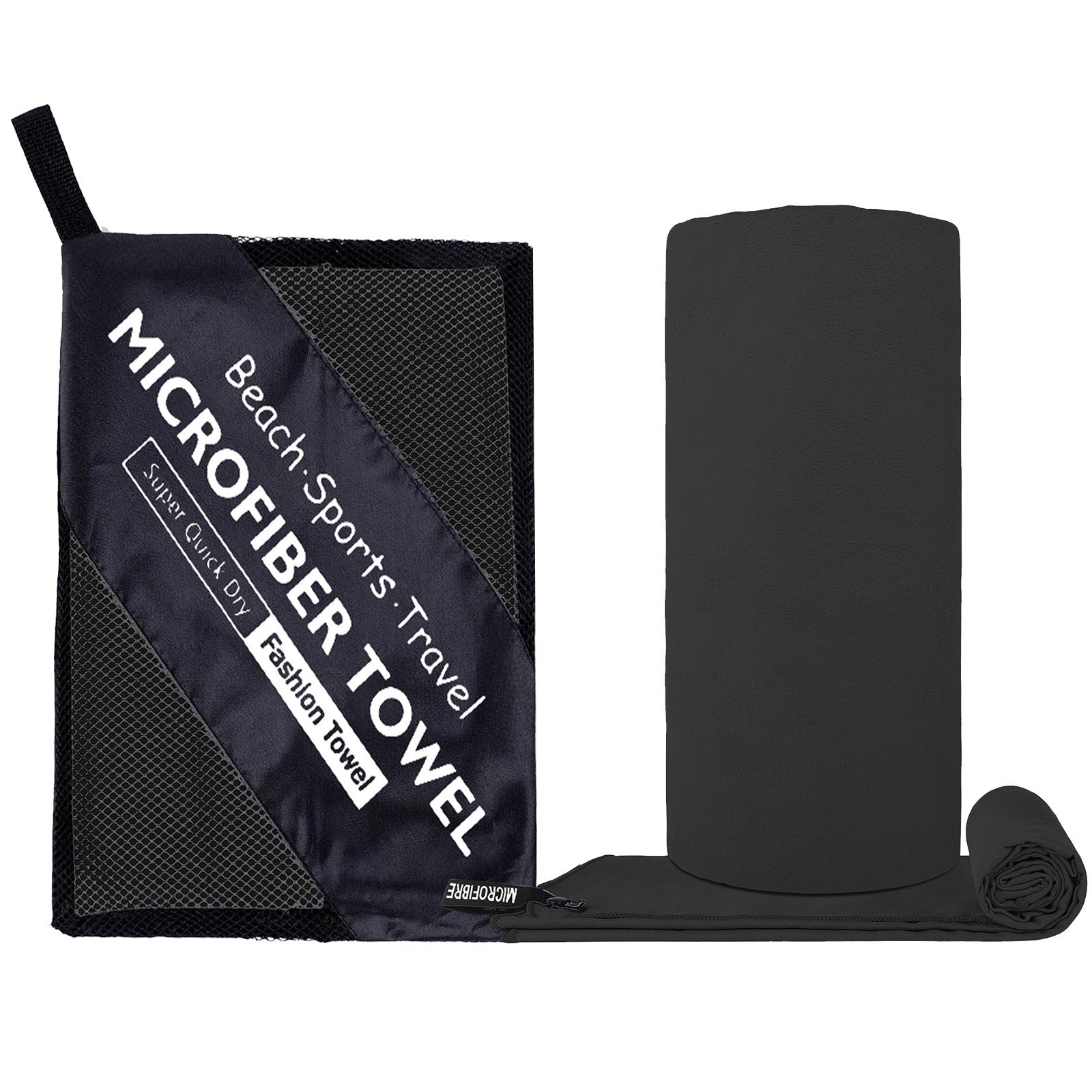 Black microfiber towel with packaging on a white background