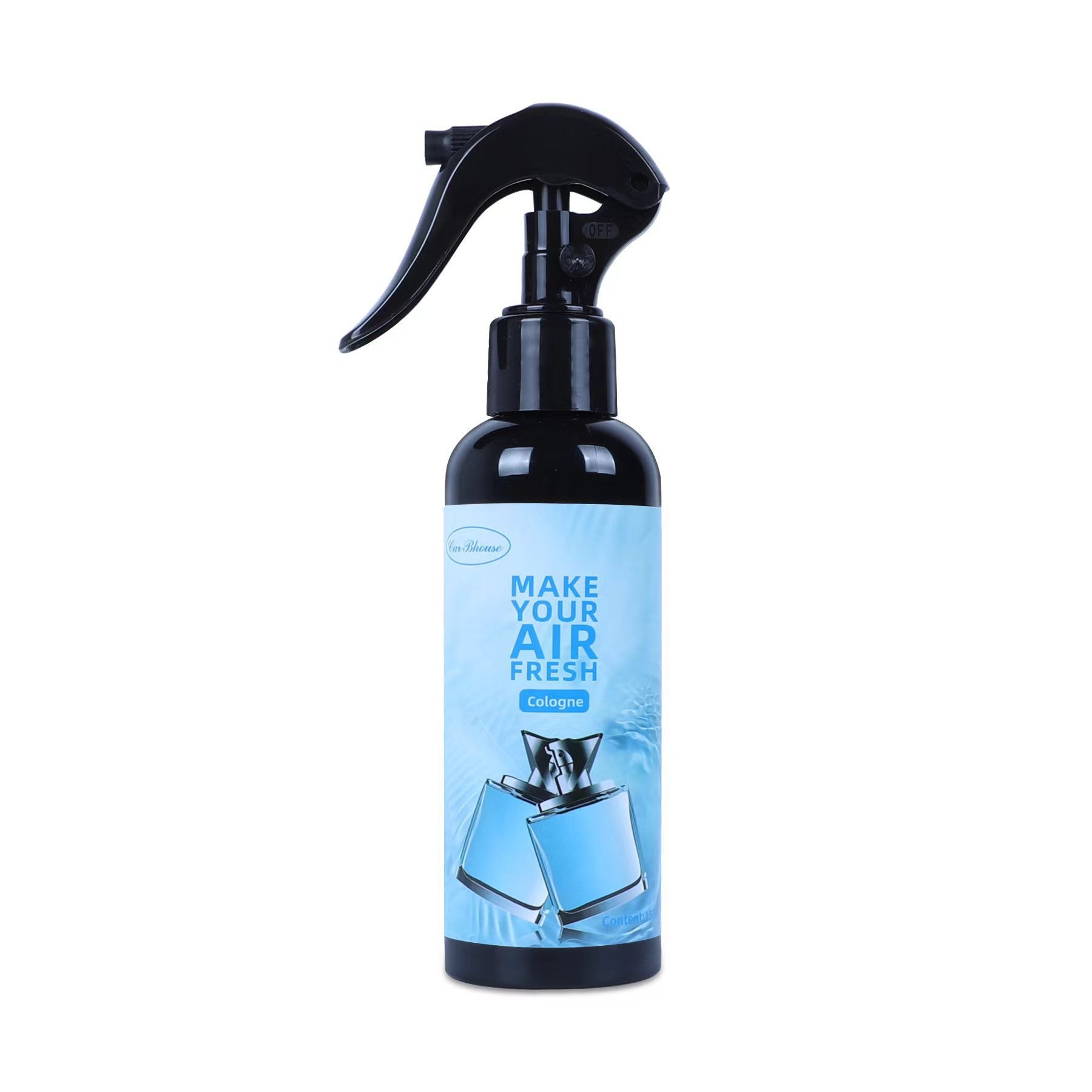 Black spray bottle with a blue label on a white background