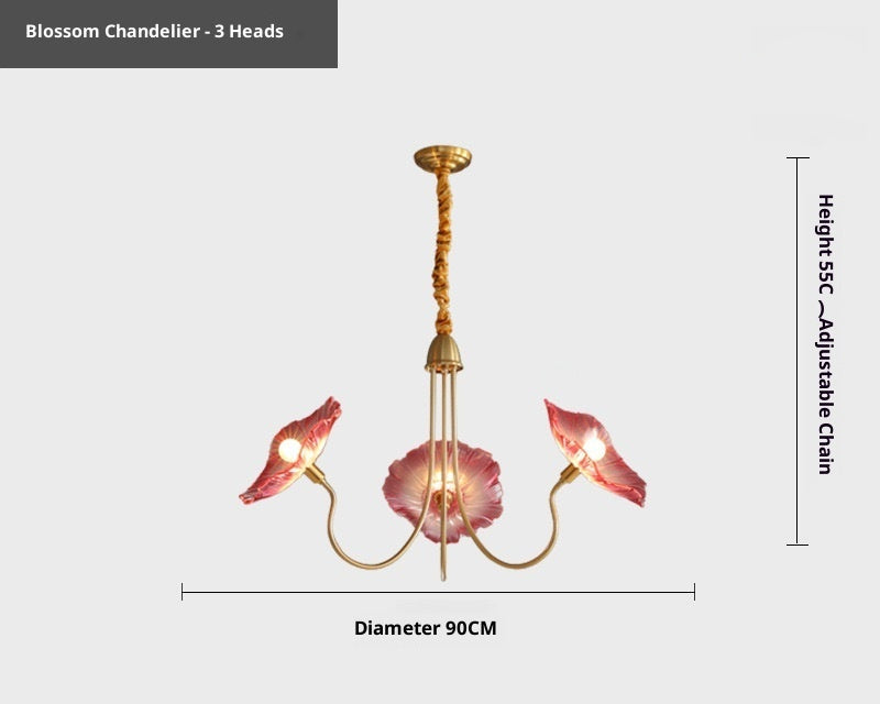 Blossom chandelier with pink floral shades on a white background