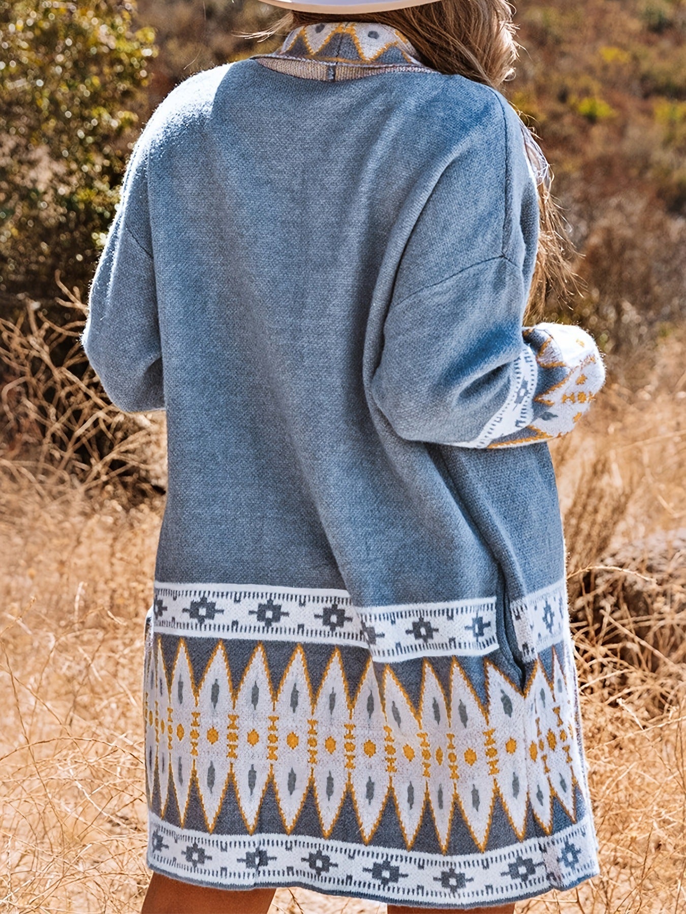 Blue Boho Long Sleeve Knitted Cardigan Coat