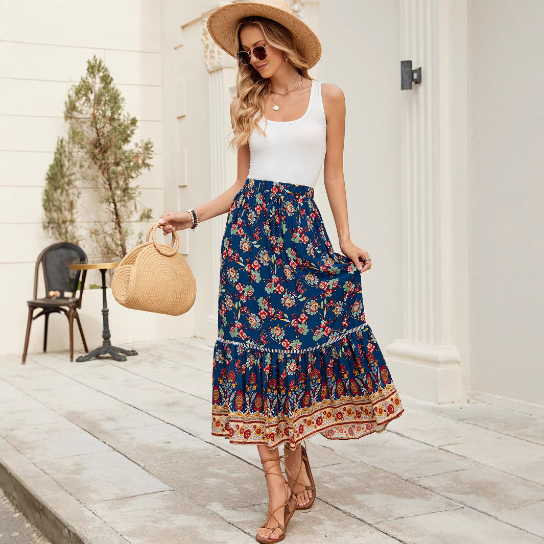 Blue Floral Bohemian Maxi Skirts