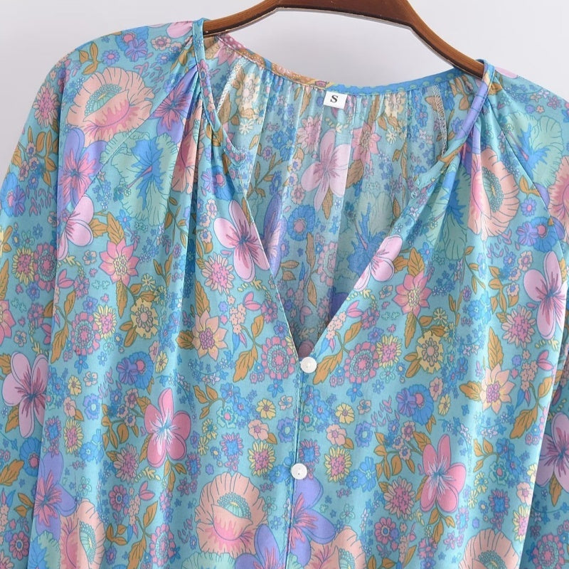 Blue Floral Bohemian Pattern Romper with Drawstring Belt boho