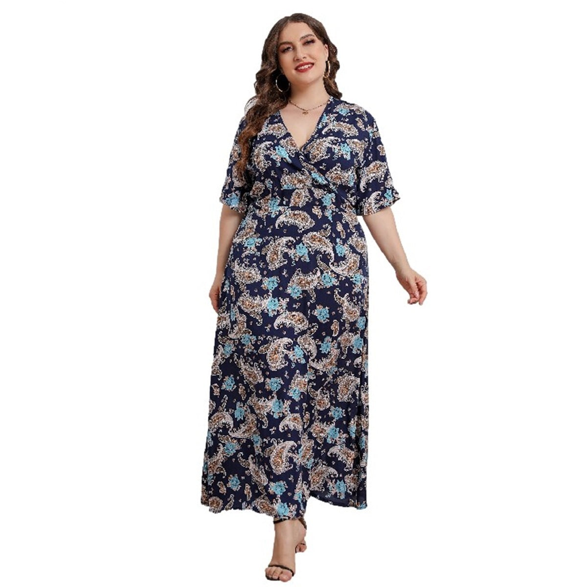 Blue Plus Size Paisley Pattern Dress