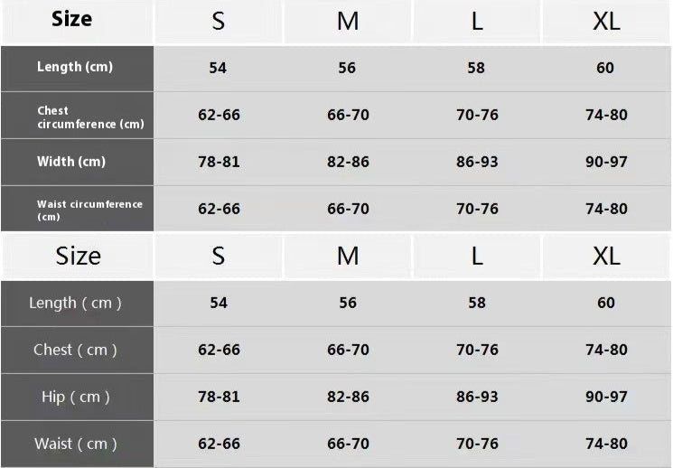 One-piece swimsuit size chart with measurements for different sizes.