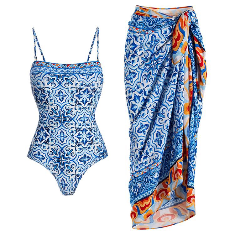 One-piece swimsuit and matching sarong with blue and orange pattern on a white background