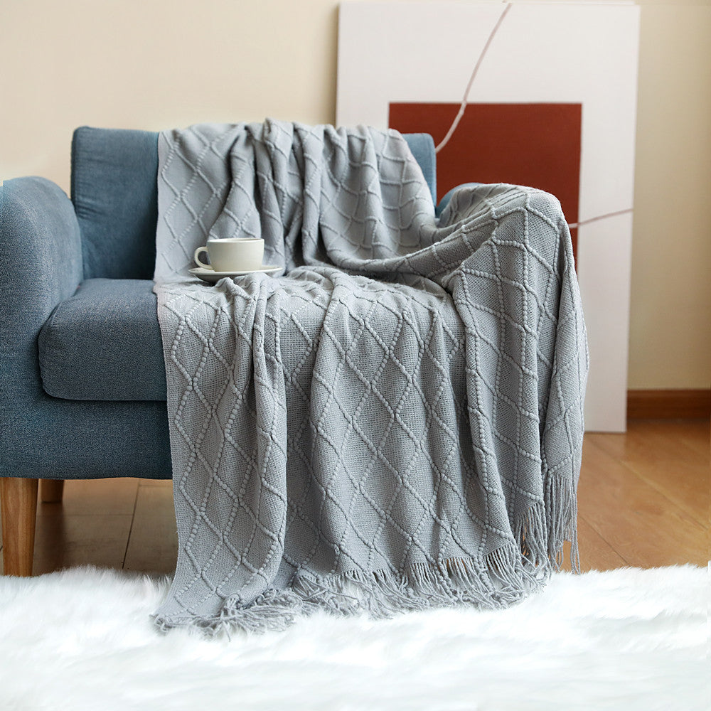 Blue Textured Blanket with Fringe