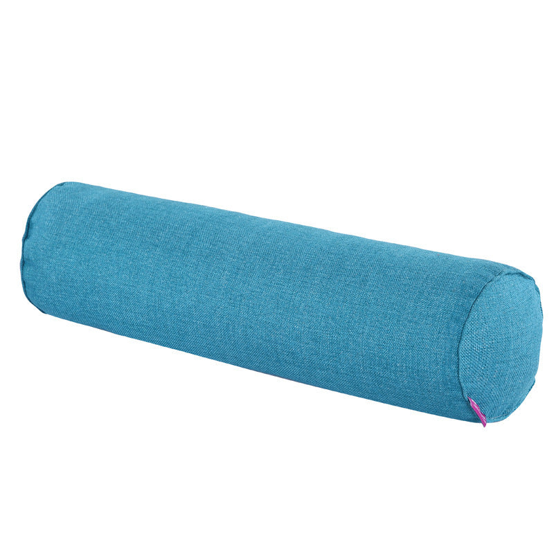 Blue cylindrical fabric pillow on a white background
