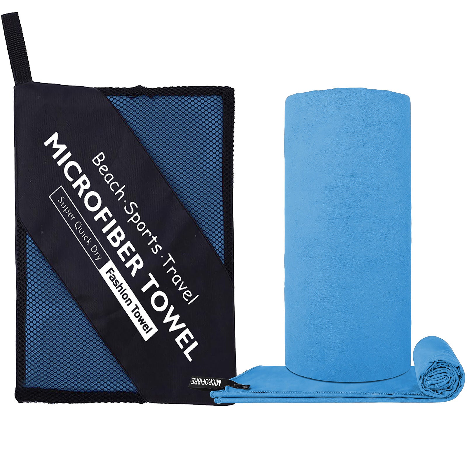 Blue microfiber towel with black carrying case on a white background