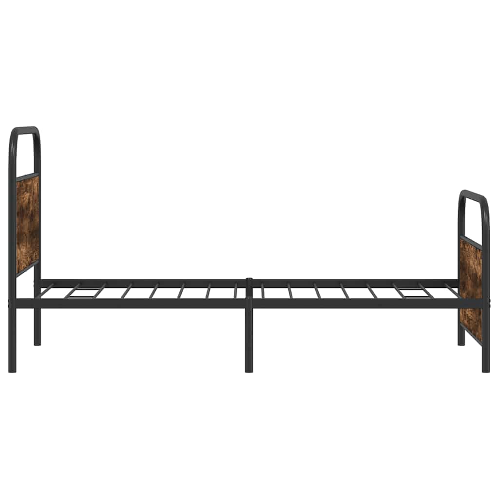 Metal bed frame with wooden accents on a white background