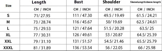 Size chart for clothing with measurements in centimeters and inches.
