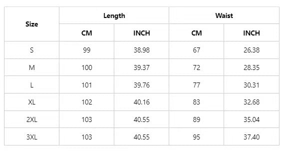 Table displaying size chart for clothing measurements in centimeters and inches.