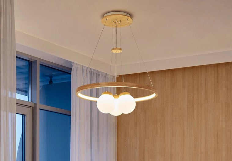 Three Head Bohemian Chandelier with Wood and Bubble Lamps