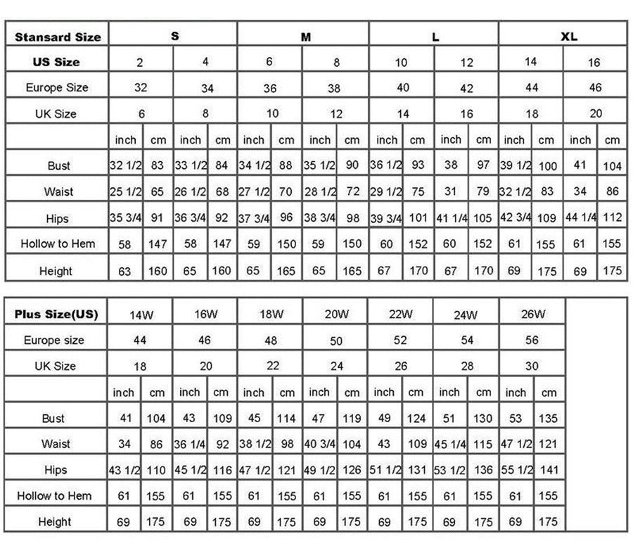 Size chart comparing US, Europe, and UK sizes for clothing measurements.