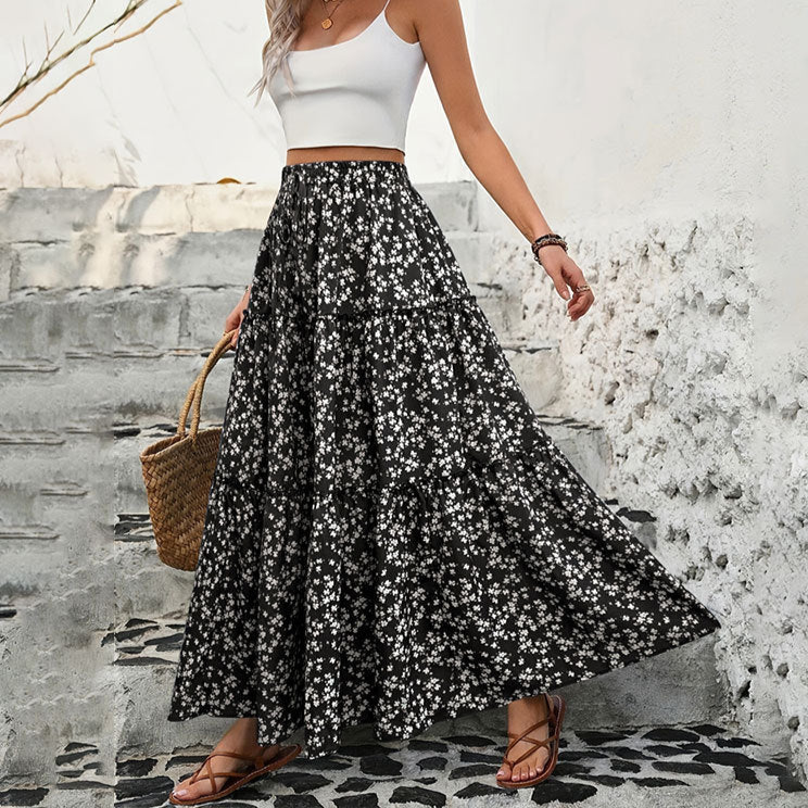 black Bohemian Floral A-Line Maxi Skirt