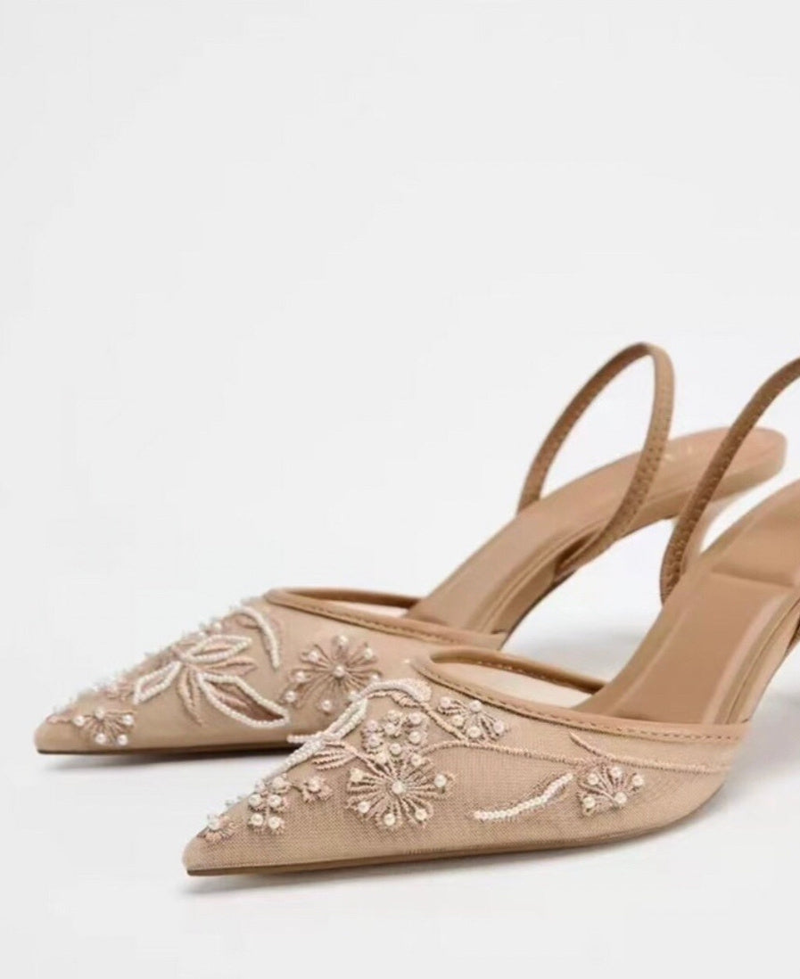 Boho Kitten Wedding Heels with Floral Embroidery